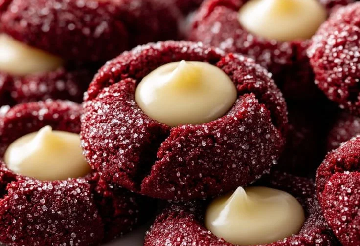 Red Velvet Cream Cheese Thumbprint Cookies on a decorative plate