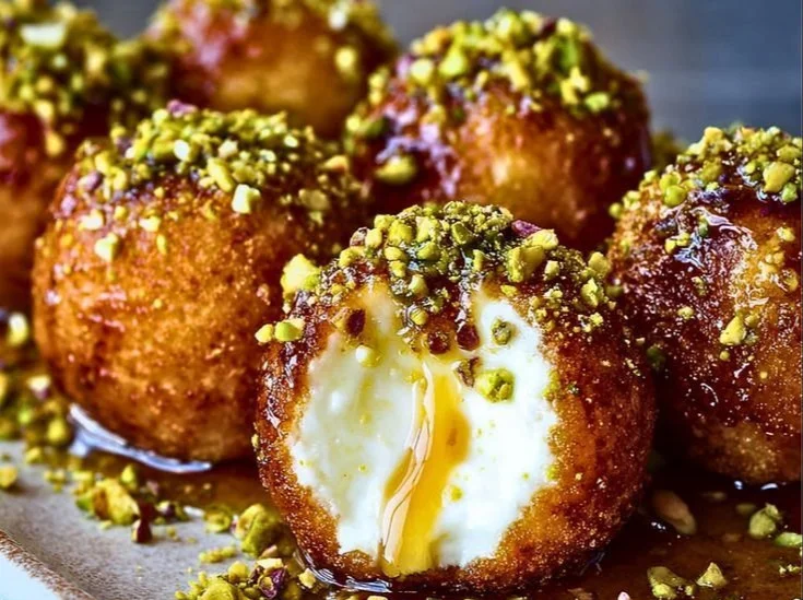 Delicious Ricotta Pistachio Honey Bites garnished with honey and pistachios