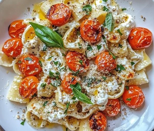 Plate of roasted tomato and garlic ricotta pasta garnished with basil.