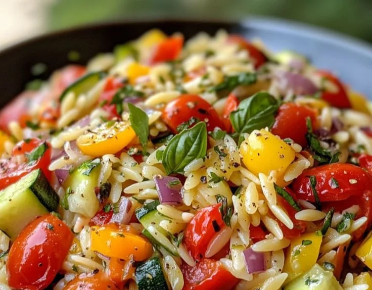 Bowl of roasted vegetable orzo with vibrant veggies and herbs