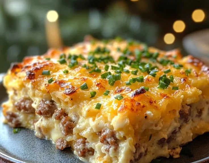 Sausage, Egg, and Cream Cheese Hashbrown Casserole served in a baking dish