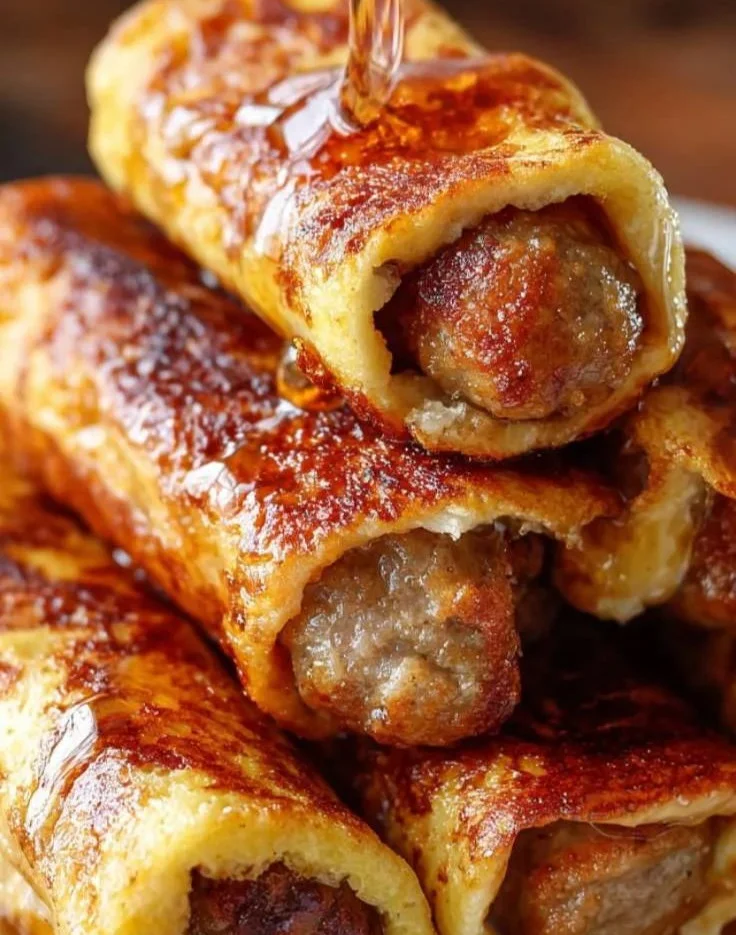Sausage French Toast Roll-Ups with syrup and fruit on a plate