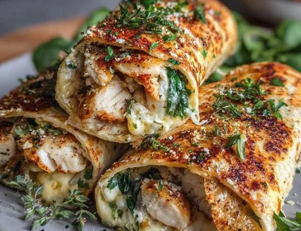 Savory baked cheese and garlic chicken wraps garnished with fresh herbs