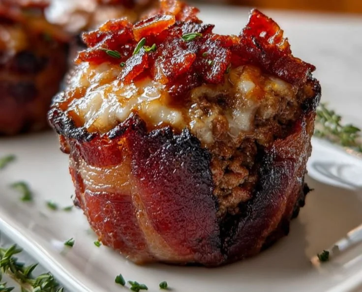 Smoky bourbon BBQ bacon wrapped meatloaf cupcakes on a plate garnished with herbs.