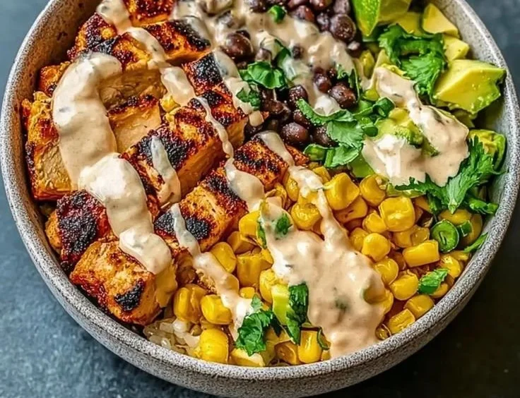 Delicious Smoky Chicken Bowl topped with fresh herbs and vegetables