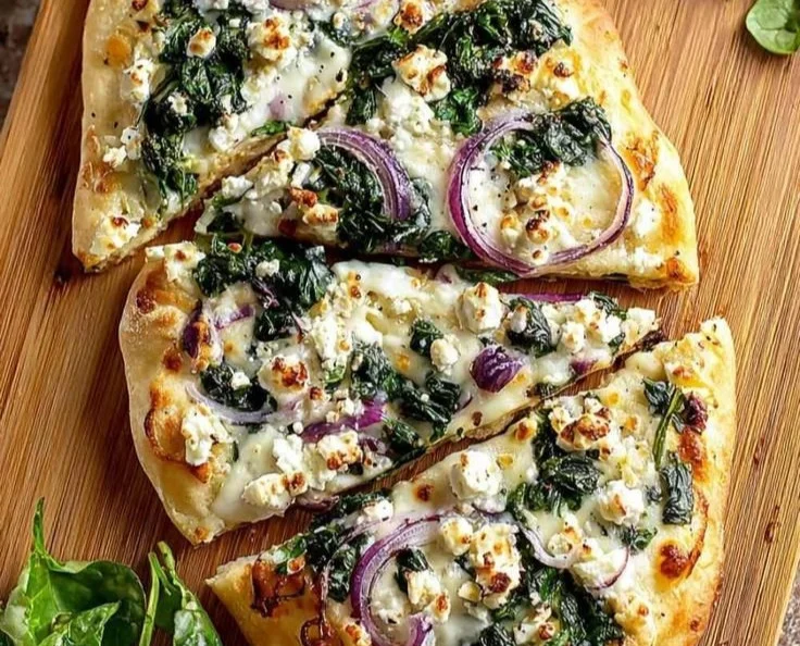 Delicious Spinach and Feta Flatbread Pizza topped with fresh ingredients