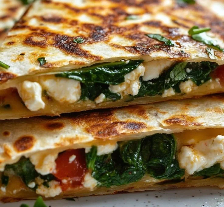 Spinach and feta quesadillas served on a plate, garnished with herbs.