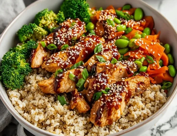 Delicious Sticky Chicken Bowls with tender chicken and flavorful sauce