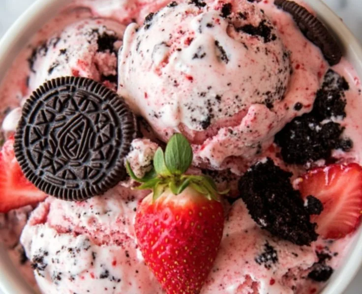 Delicious strawberry Oreo ice cream topped with crushed Oreos and strawberries