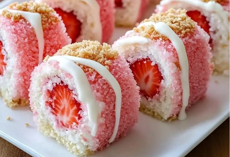 Strawberry shortcake cheesecake dessert sushi rolls on a plate
