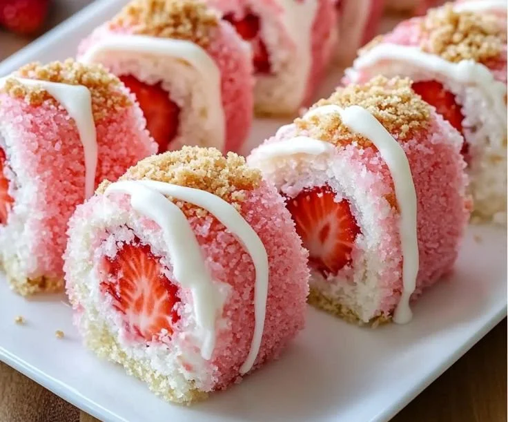 Strawberry shortcake cheesecake sushi rolls beautifully presented on a plate