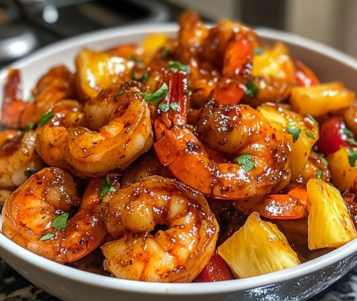 Delicious sweet chili pineapple shrimp served on a plate