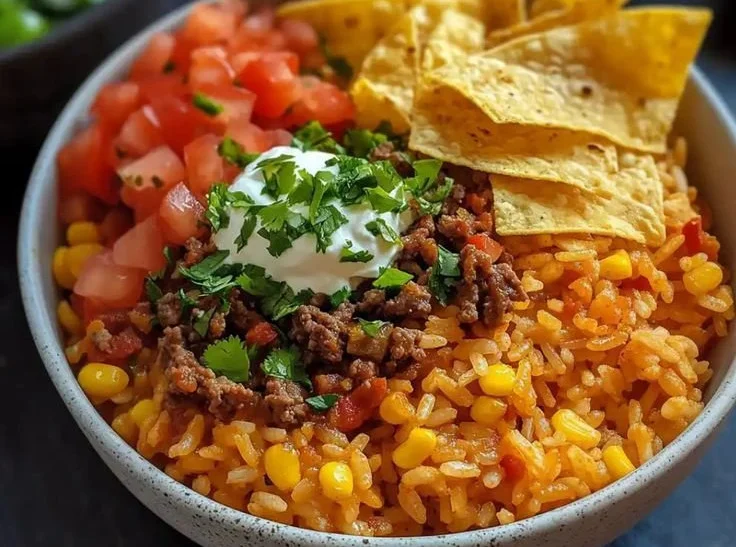 Delicious Taco Rice Bowl topped with Doritos and fresh ingredients