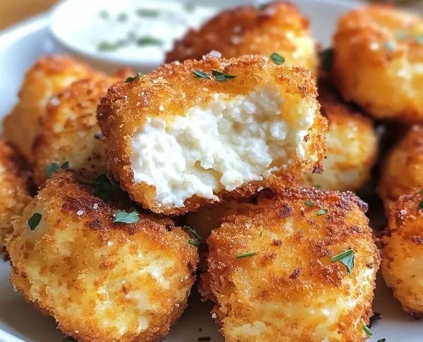Plate of homemade two ingredient cottage cheese tots served with dipping sauce.