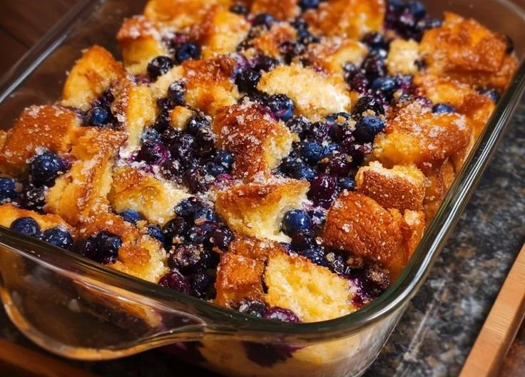 Delicious blueberry French toast casserole fresh out of the oven