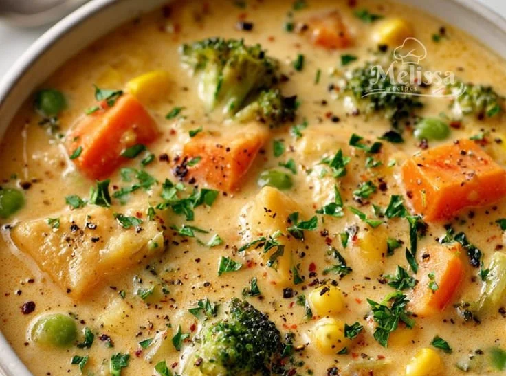 Bowl of veggie pot pie soup, a comforting and crust-free dish full of vegetables