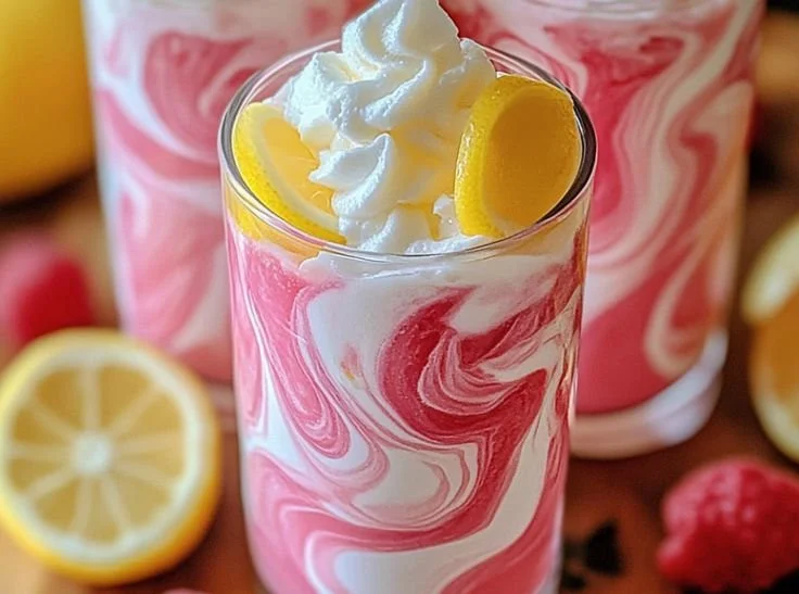 Whipped pink lemonade drink served in a glass with a refreshing summer vibe