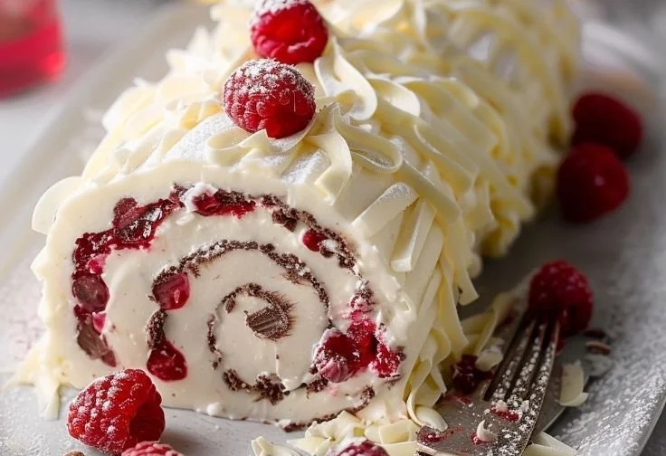 Delicious White Chocolate Raspberry Yule Log decorated for the holidays