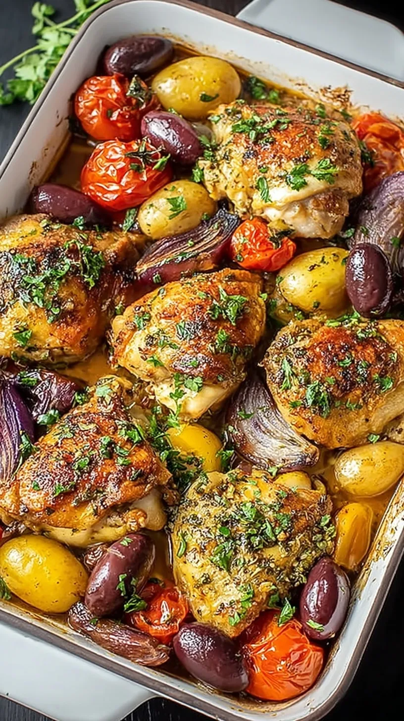A colorful sheet pan with roasted chicken, zucchini, peppers, and melted feta cheese.