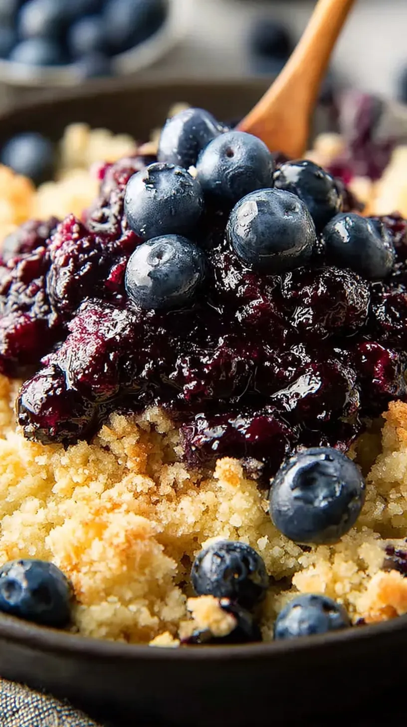 A golden brown blueberry cobbler in a baking dish with bubbling purple fruit