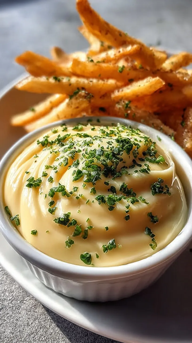 A bowl of thick, creamy yellow garlic aioli with a sprig of fresh herbs on a wooden board.