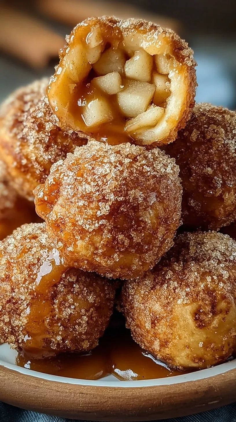 Golden brown cinnamon sugar coated apple pie bombs in an air fryer basket