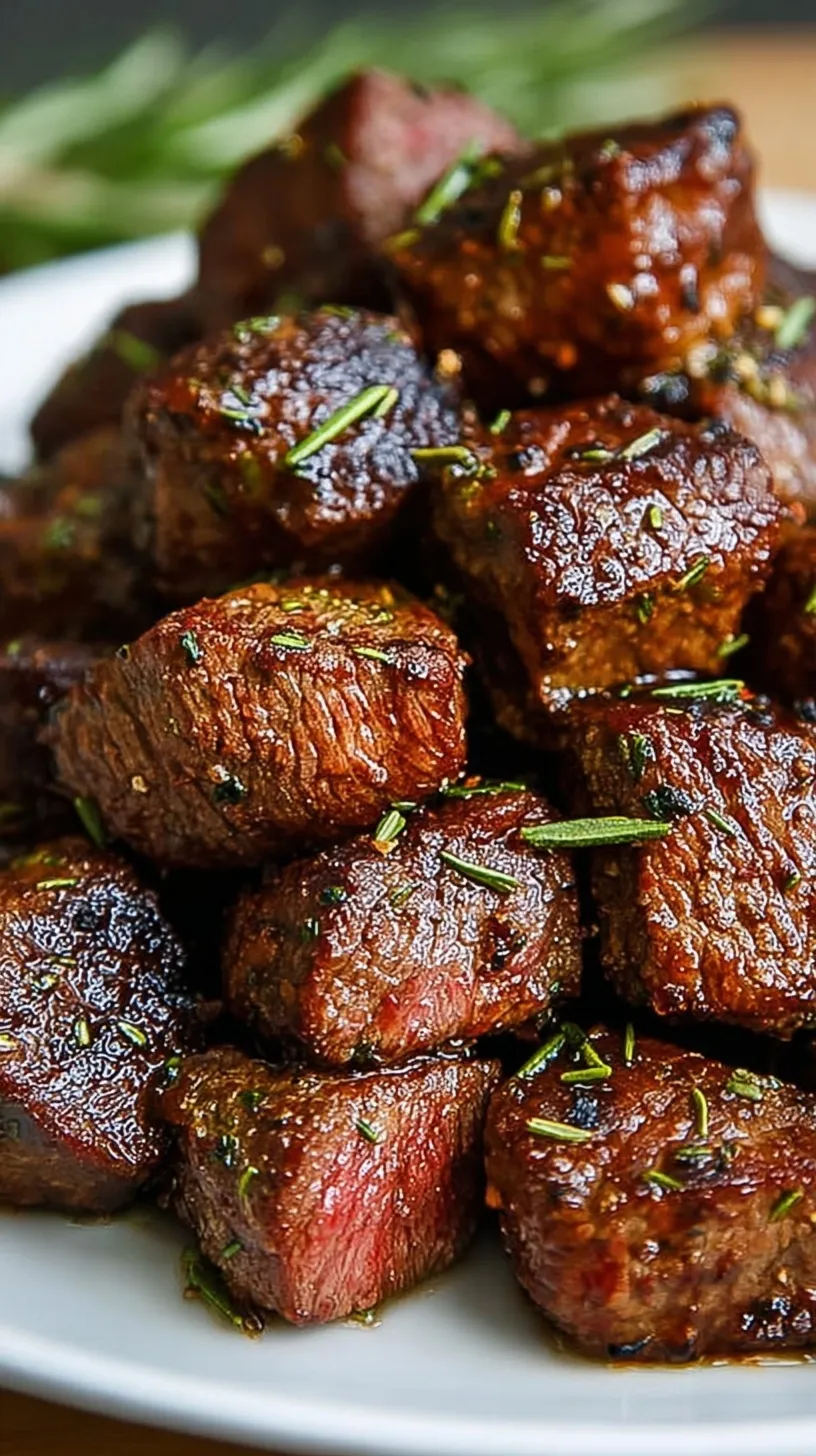 Golden brown seasoned steak bites tossed with melted butter and fresh parsley in a white bowl