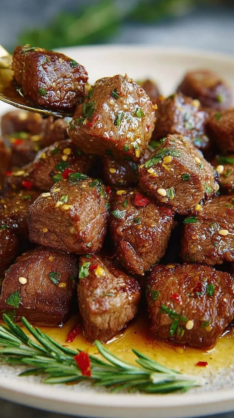 Golden brown seasoned steak bites in an air fryer basket with fresh parsley