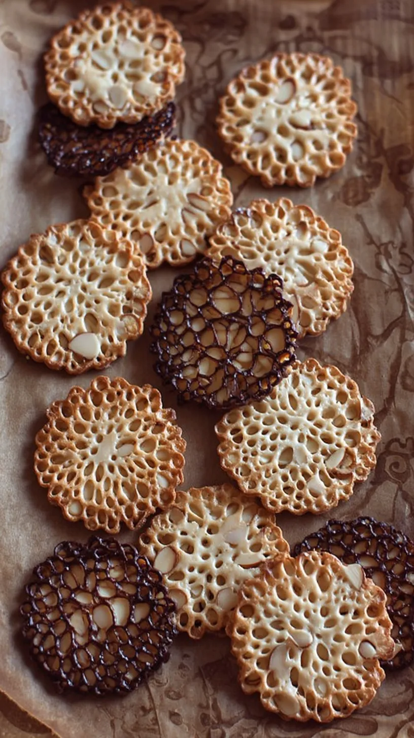 Golden brown Almond Lace Cookies with a delicate lattice texture on a cooling rack