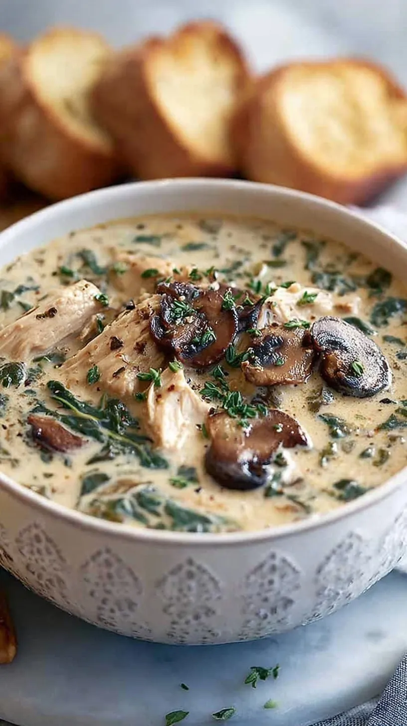 A bowl of creamy chicken and mushroom soup garnished with fresh parsley