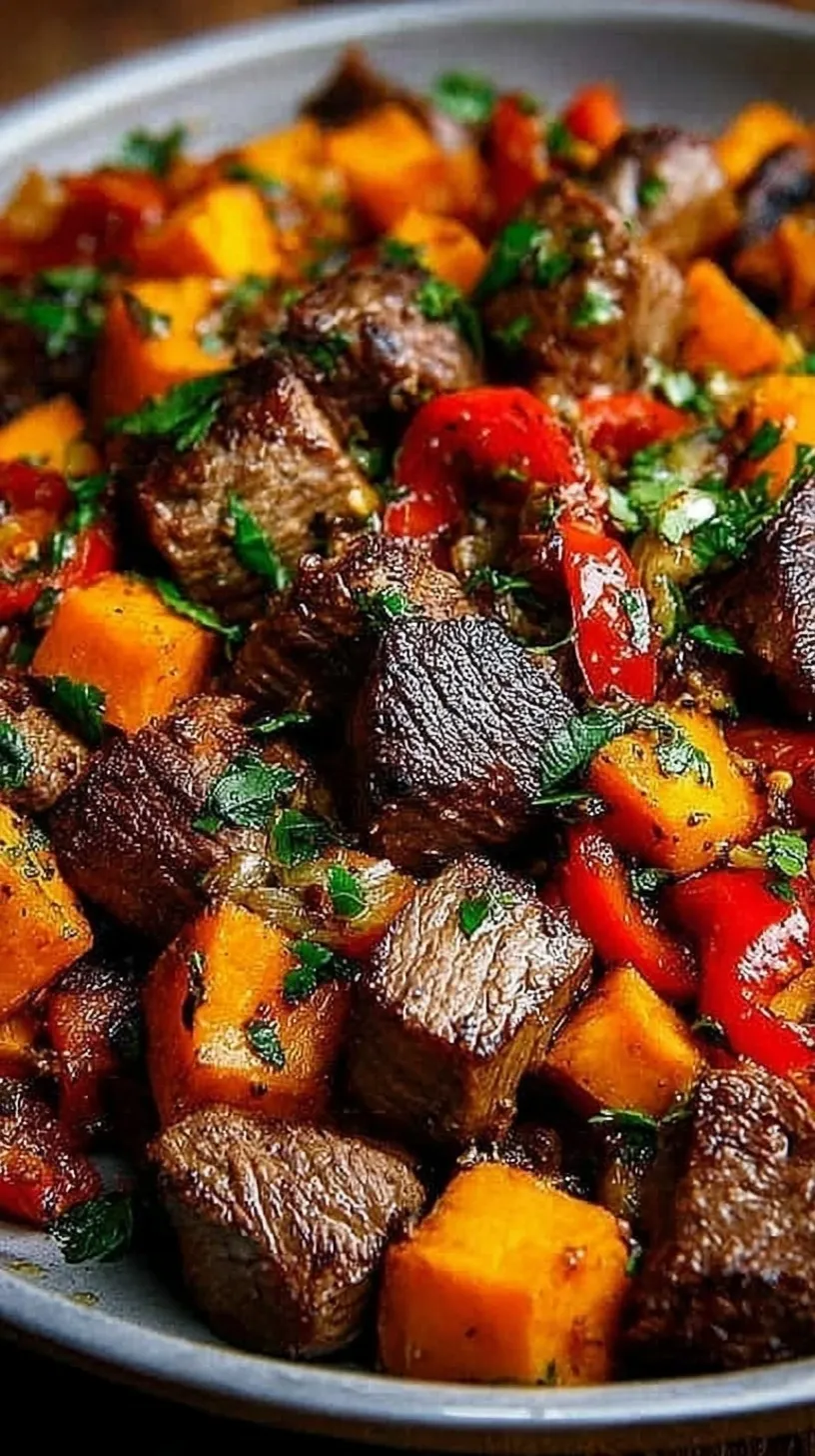 Sizzling steak bites with golden sweet potatoes and colorful bell peppers in a skillet with garlic butter