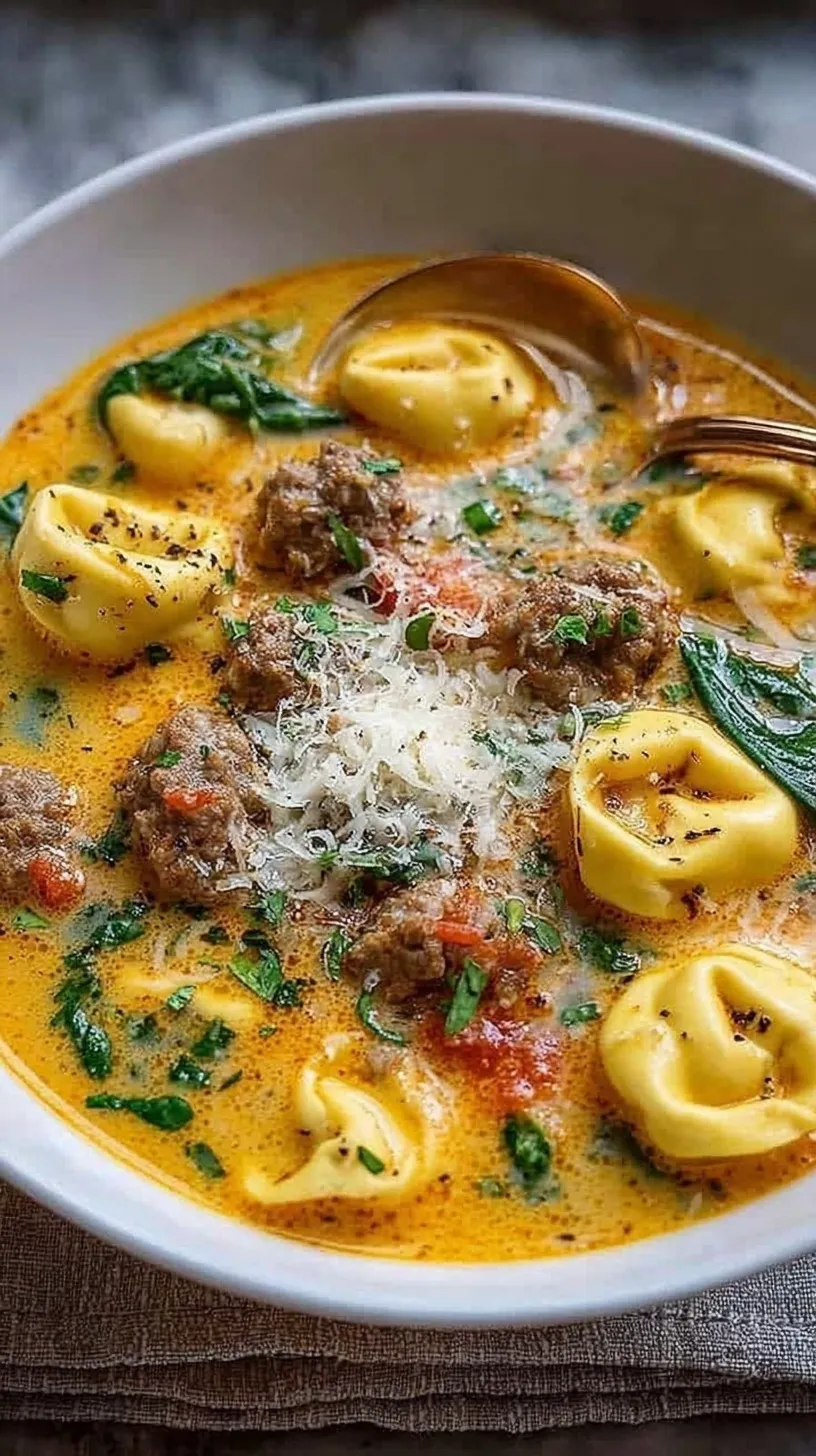 A bowl of creamy butternut squash soup with sausage and cheese tortellini