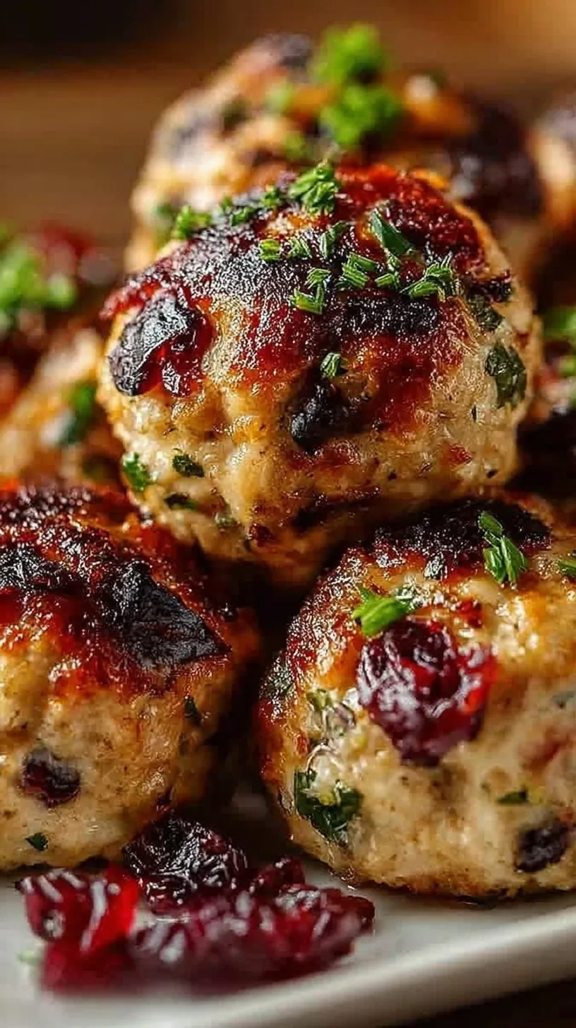 Golden brown stuffing balls with bits of turkey and red cranberries on a baking sheet.