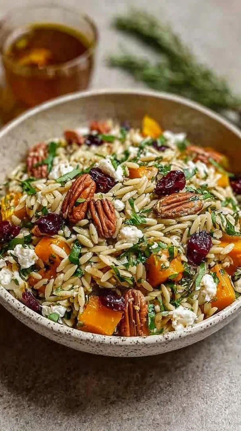 A large white bowl filled with Fall Harvest Orzo Salad featuring roasted squash, sweet potatoes, kale, and feta cheese.