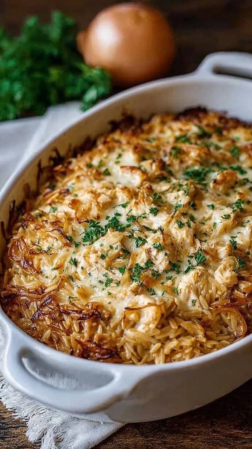 A skillet of French Onion Chicken Orzo with melted Gruyère cheese and fresh parsley