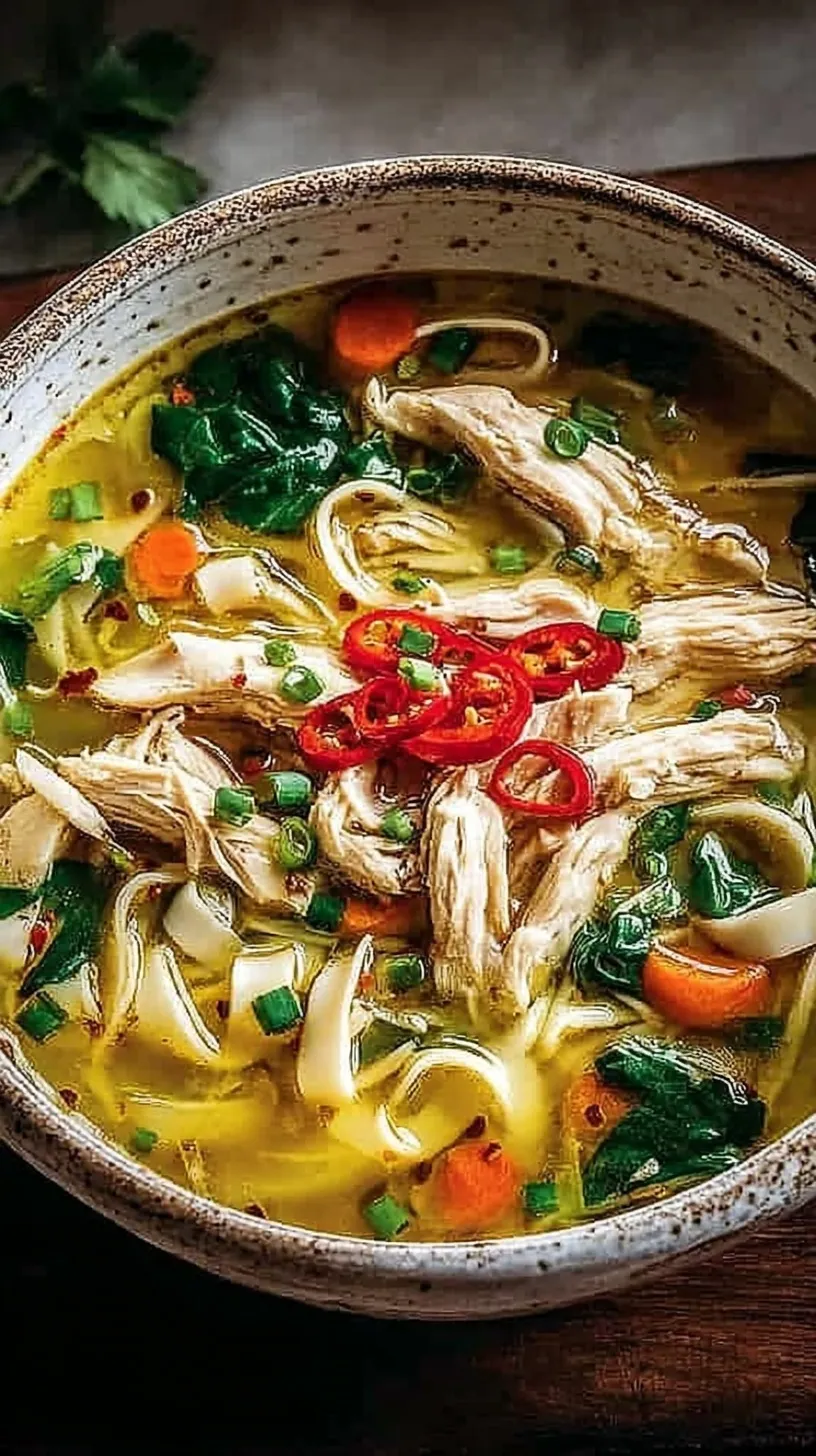 A steaming bowl of golden chicken noodle soup with fresh ginger, garlic, spinach, and tender egg noodles.