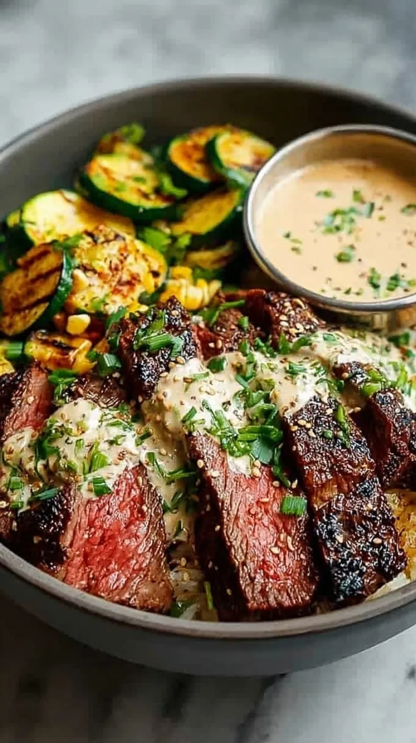 A colorful grilled steak bowl with quinoa, fresh vegetables, and a creamy white herb sauce drizzled on top.