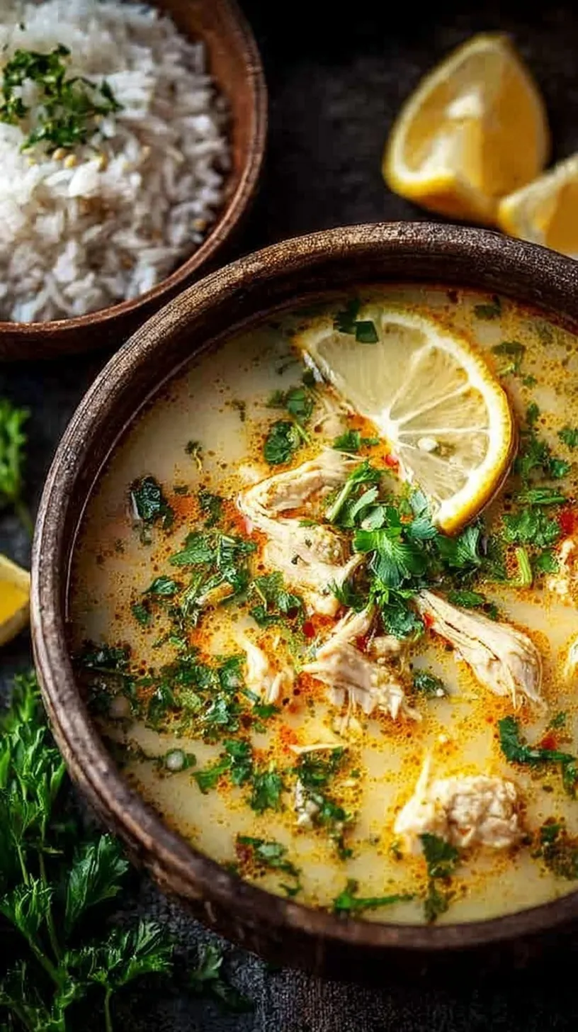 A steaming bowl of golden yellow chicken soup with fresh spinach and parsley on a rustic table.
