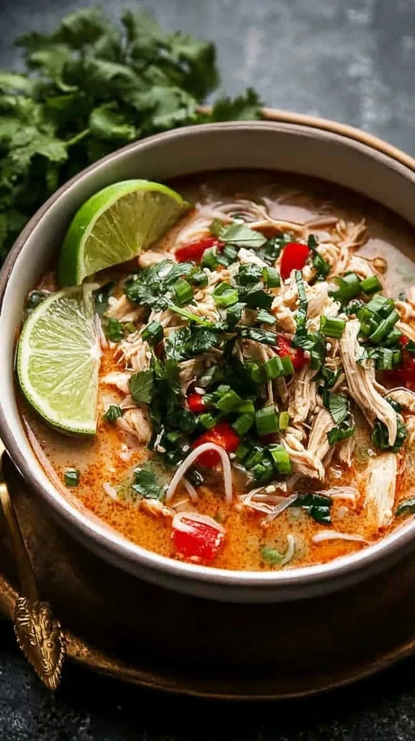 A bowl of creamy Thai chicken noodle soup with cilantro and lime