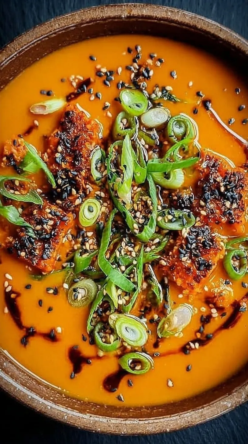 A bowl of creamy orange Spicy Miso Carrot Soup garnished with fresh cilantro