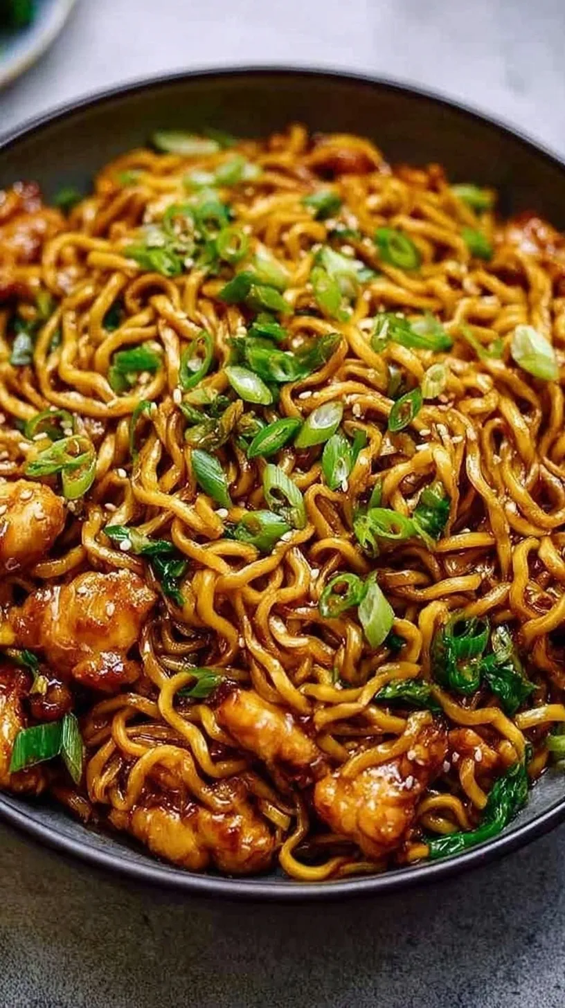 A bowl of sticky garlic chicken noodles with broccoli and sesame seeds