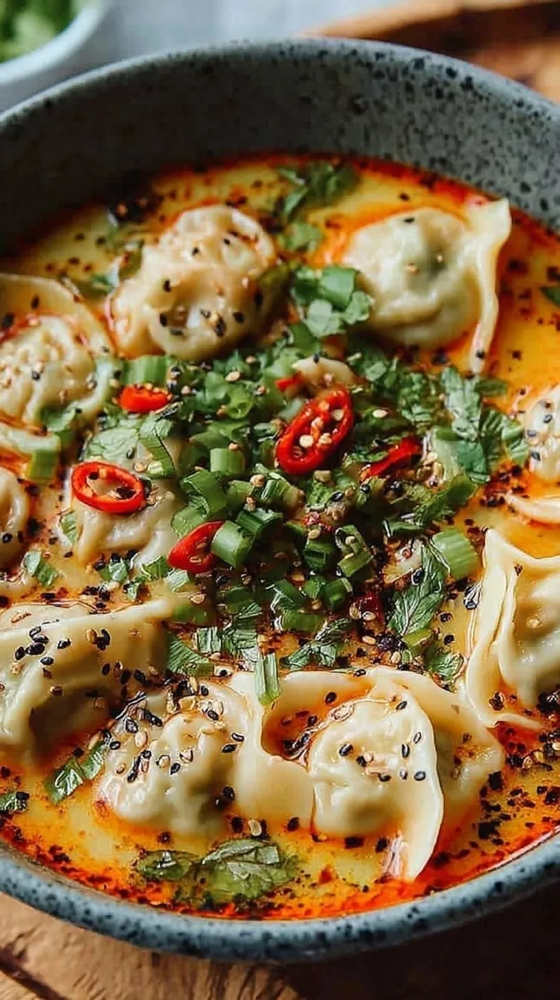 A steaming bowl of Thai Curry Dumpling Soup with red peppers, spinach, and lime wedges on a wooden table.