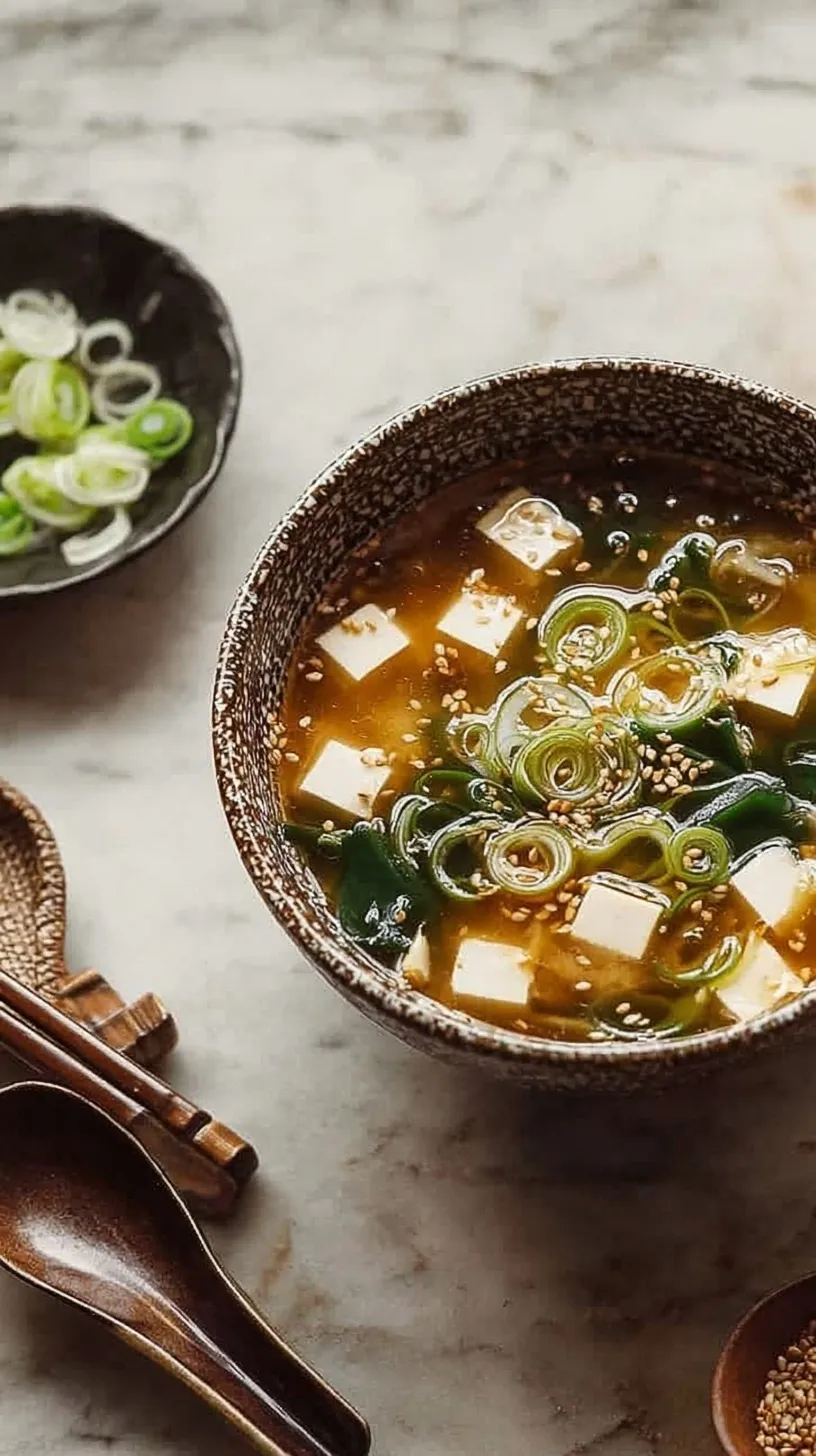 A steaming bowl of miso soup with silken tofu and green onions