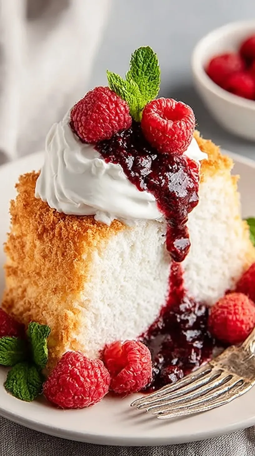 A tall, golden-brown angel food cake cooling on a wire rack.