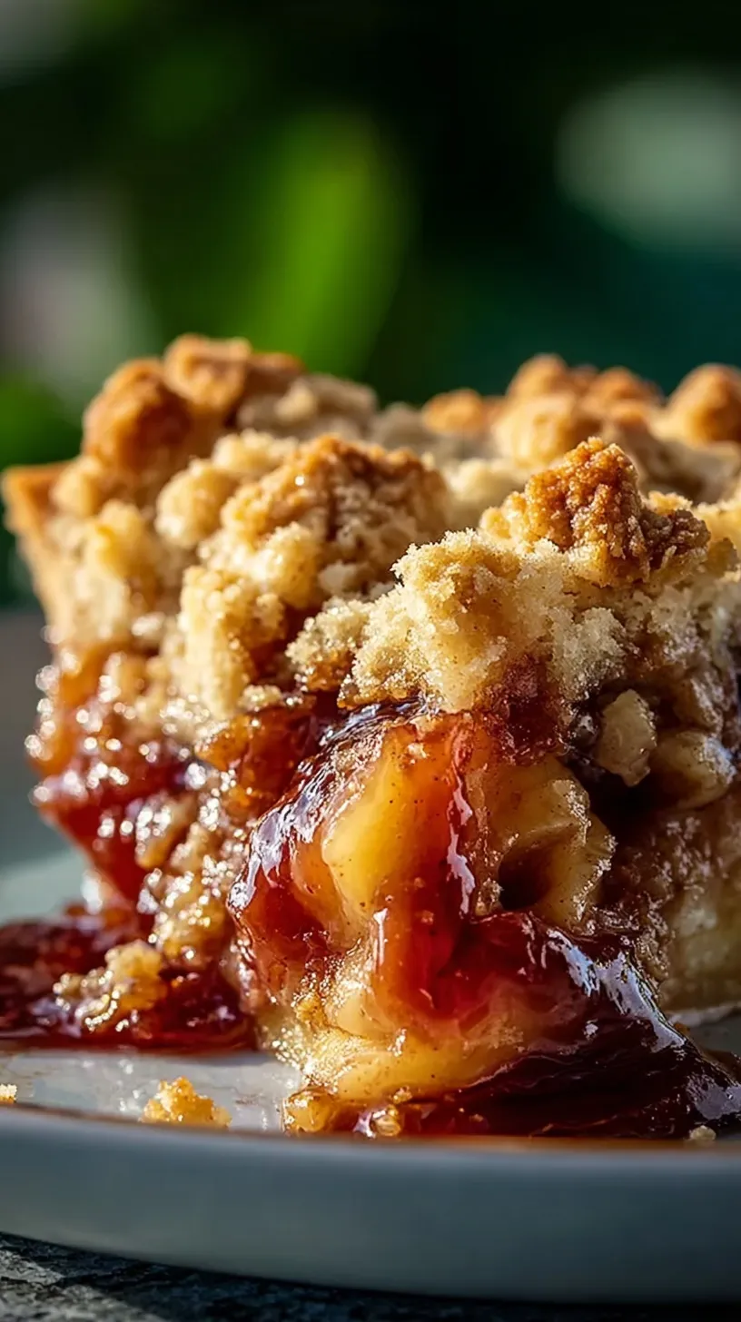 A golden brown apple crisp in a baking dish with a crunchy oat topping.
