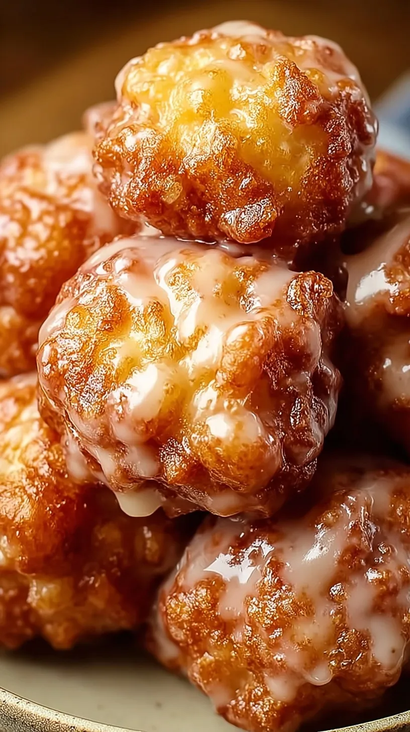 Golden brown apple fritter bites drizzled with sweet sugar glaze on a wire rack.