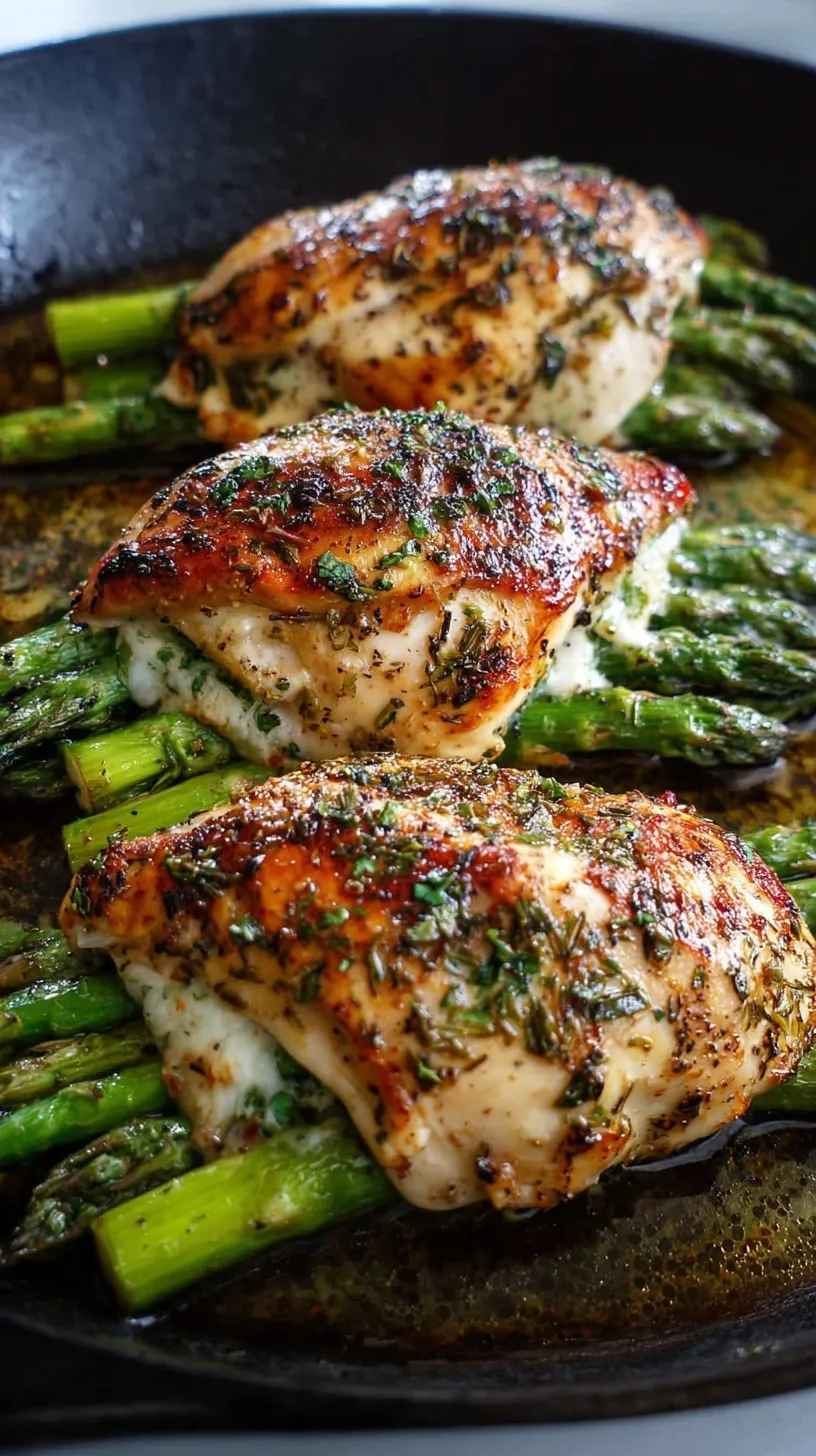 Golden brown seared chicken breasts stuffed with fresh green asparagus and melted cheese in a skillet.