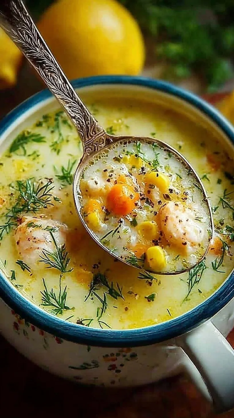 A bowl of creamy yellow Authentic Avgolemono Soup topped with fresh dill and a lemon slice.