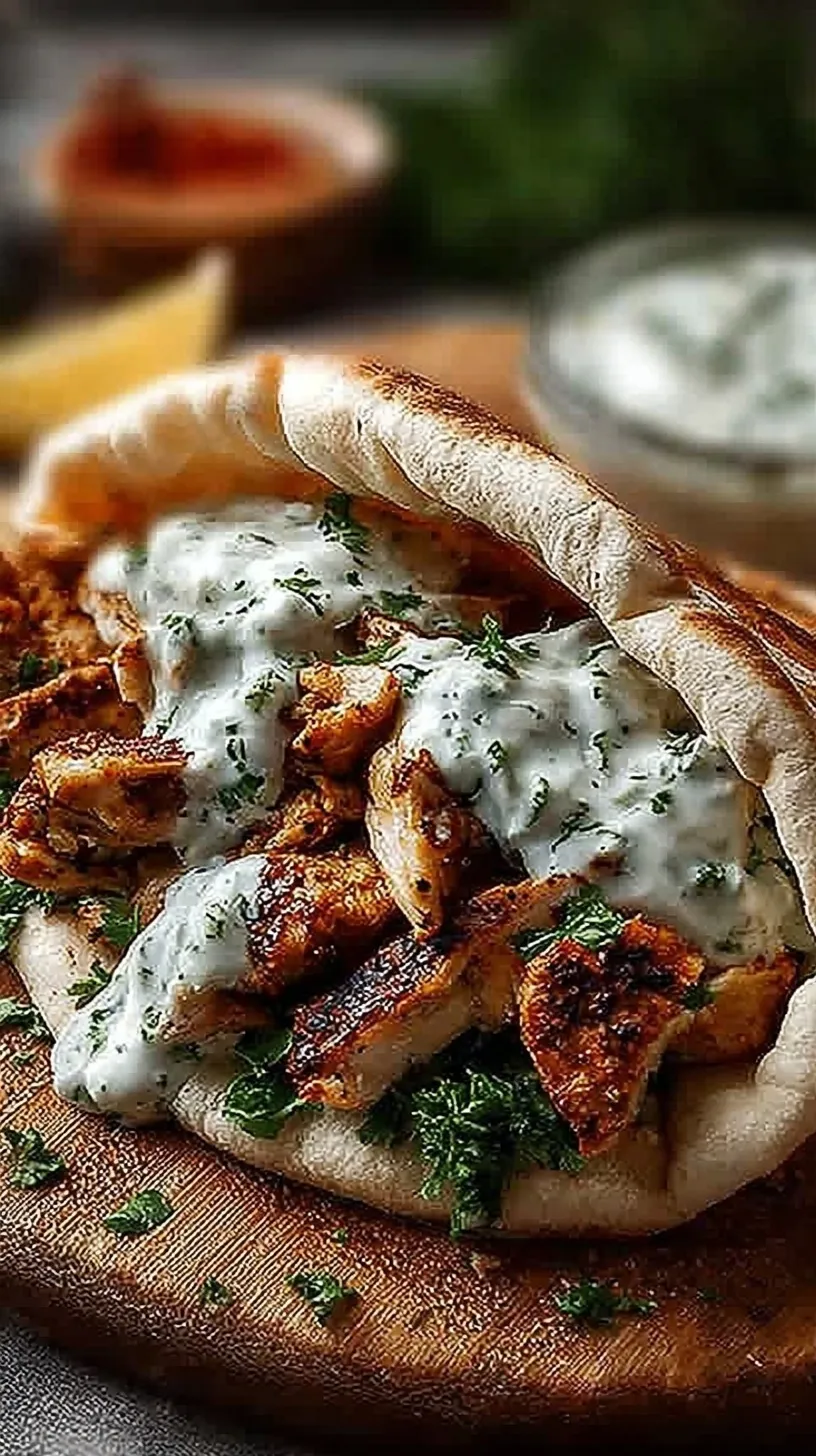 Sliced golden brown chicken shawarma on pita bread with white garlic sauce and fresh vegetables