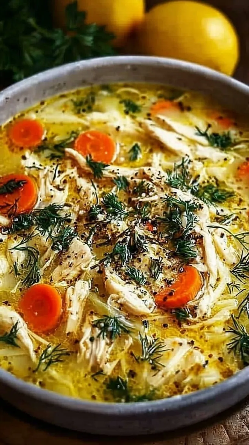 A bowl of creamy yellow lemon chicken soup garnished with fresh dill and black pepper